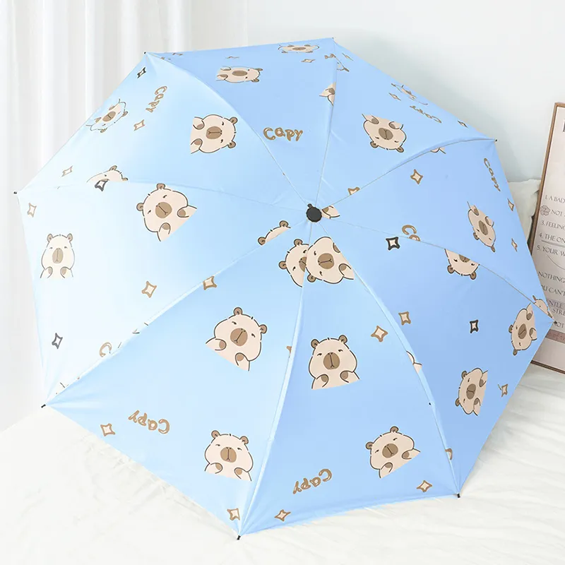 Ferrant Capybara Cute Umbrella Cartoon Folding Umbrella Sunny And Rainy Dual Use Sun Protection Black Rubber Umbrella-5