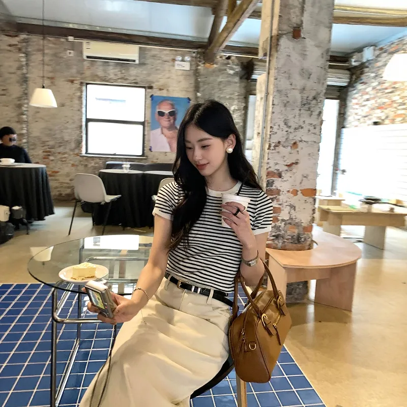 TENNE GIRL Two Piece Skirt Sets Women's Striped Top+Apricot Skirt-2