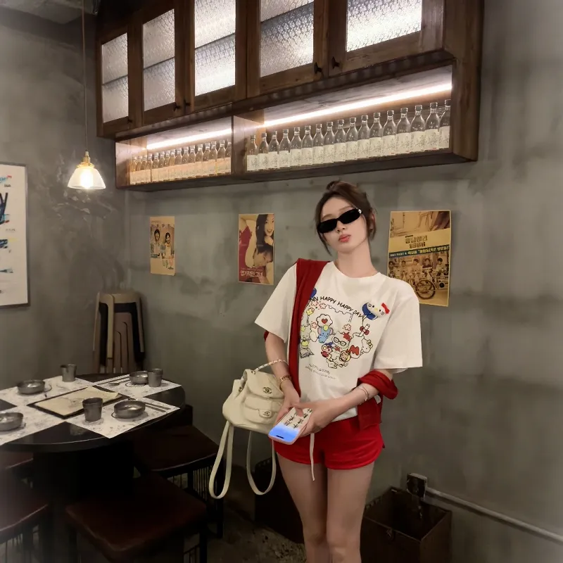 TENNE GIRL T Shirts Women's White T Shirt+Red Shawl-2