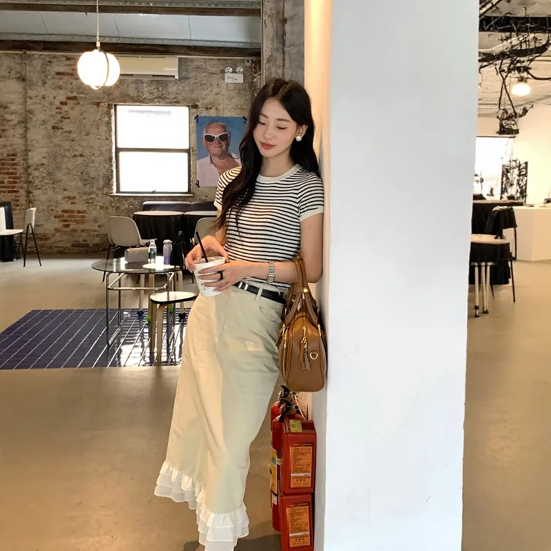 TENNE GIRL Two Piece Skirt Sets Women's Striped Top+Apricot Skirt-3