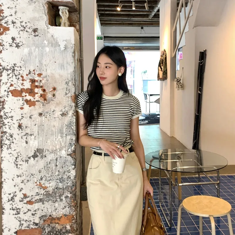 TENNE GIRL Two Piece Skirt Sets Women's Striped Top+Apricot Skirt-1