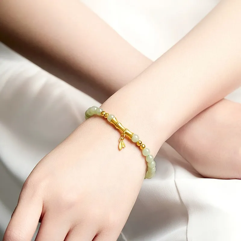 LIU GUI FU JEWELRY Solid Gold 999 Hetian Jade Bracelets Women's Pale Greenish White Jade-2
