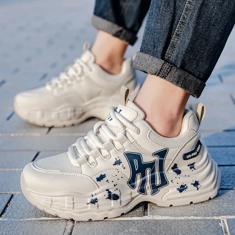 Pnj Slip Resistant, Abrasion Resistant, Breathable, Height Increasing Low Top Chunky Sneakers Unisex Beige Dark Blue-5