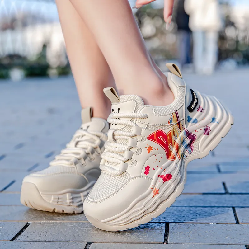Pnj Slip Resistant, Abrasion Resistant, Breathable, Height Increasing Low Top Chunky Sneakers Unisex Beige Multicolor-3