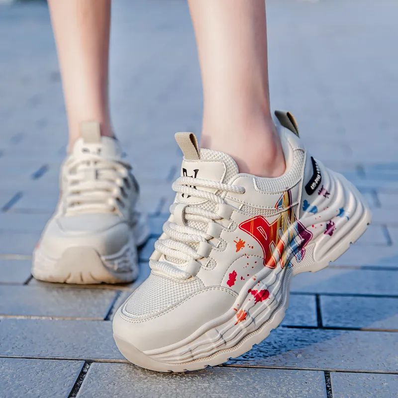 Pnj Slip Resistant, Abrasion Resistant, Breathable, Height Increasing Low Top Chunky Sneakers Unisex Beige Multicolor-4