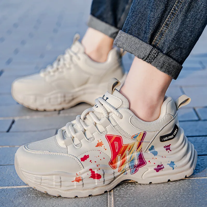 Pnj Slip Resistant, Abrasion Resistant, Breathable, Height Increasing Low Top Chunky Sneakers Unisex Beige Multicolor-2