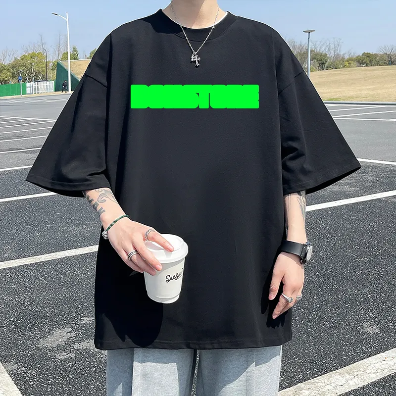 DOH STORE Versatile Casual Loose Fit Off The Shoulder 100% Cotton Pullover Crew Neck Short Sleeved T Shirts Unisex-5