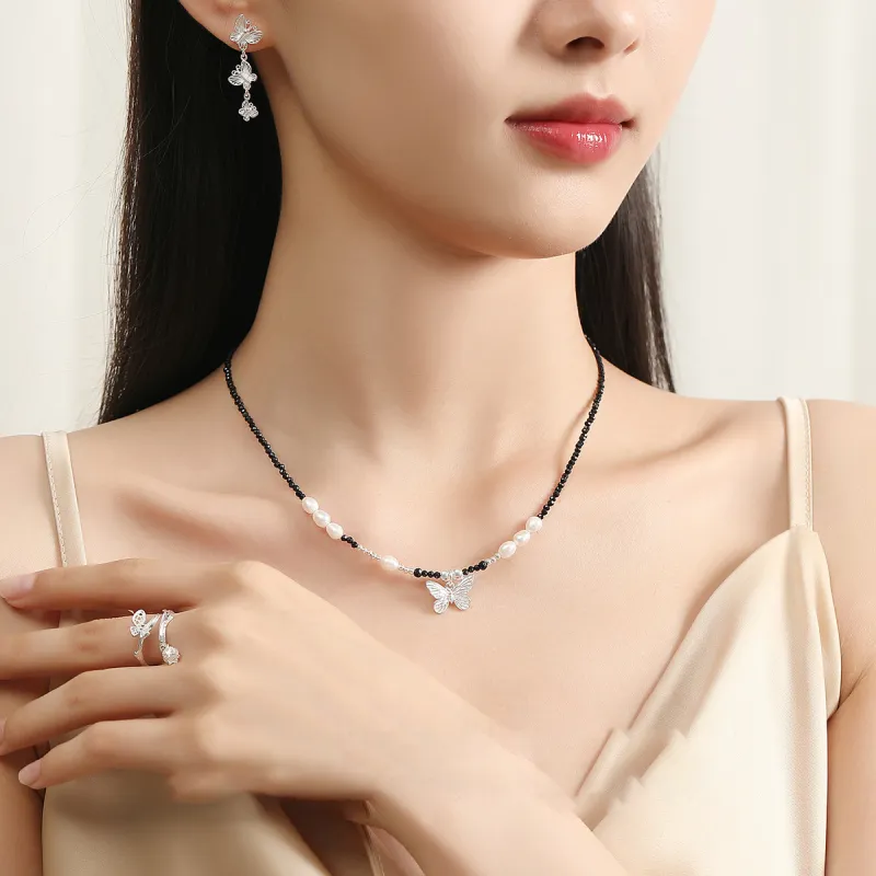 Happy Tide S925 Sterling Silver Necklaces Women's Silver+Black-3