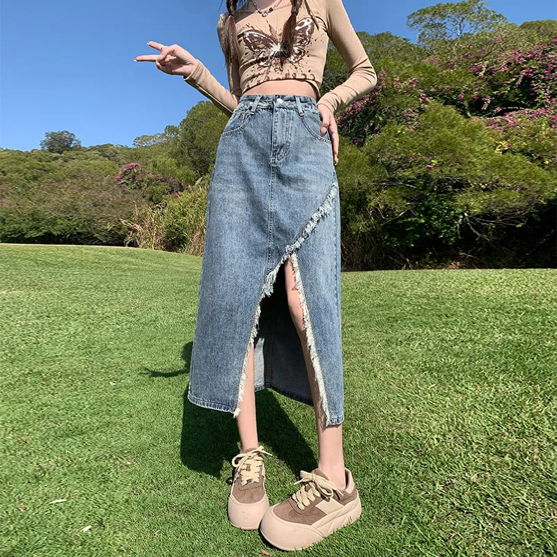 Jean West Denim Long Skirts Women's Blue-6