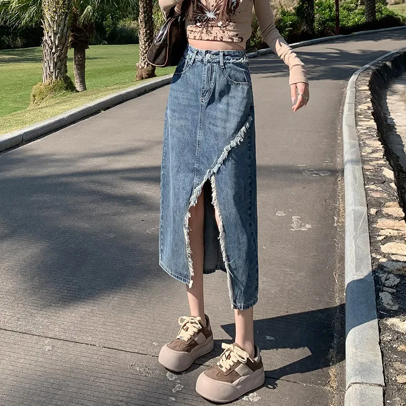 Jean West Denim Long Skirts Women's Blue-1