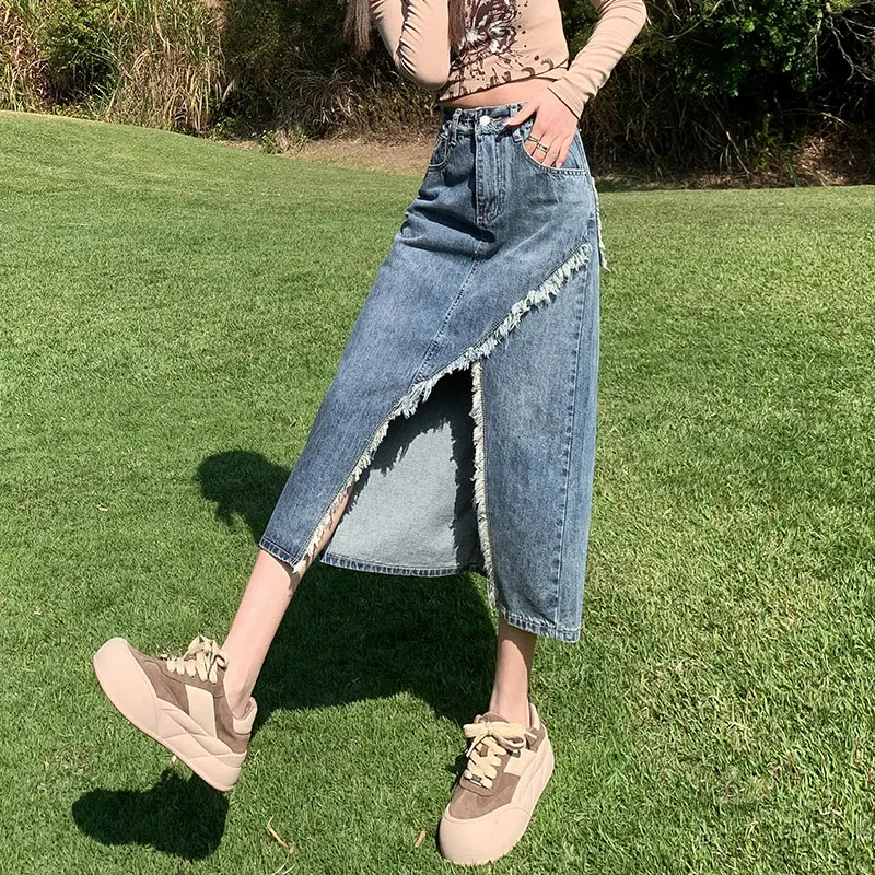 Jean West Denim Long Skirts Women's Blue-4