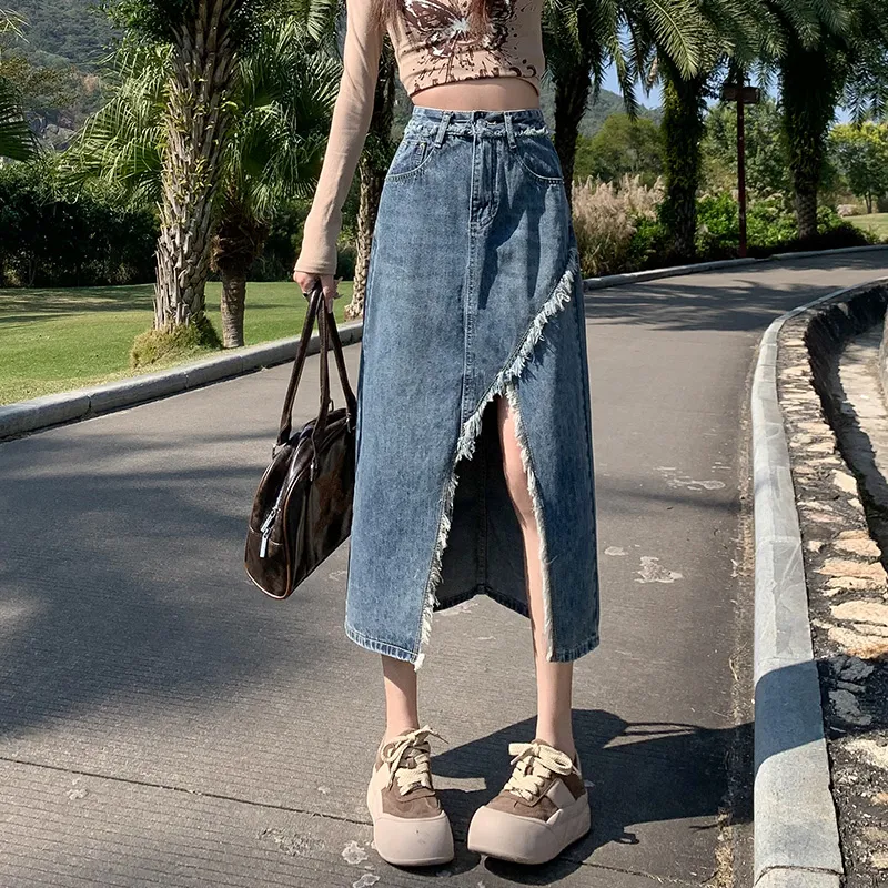 Jean West Denim Long Skirts Women's Blue-2