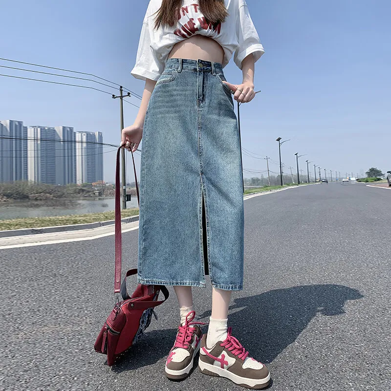 Jean West Denim Long Skirts Women's Blue-2