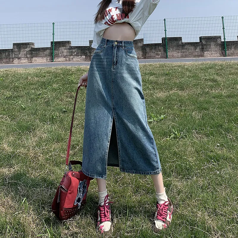 Jean West Denim Long Skirts Women's Blue-1