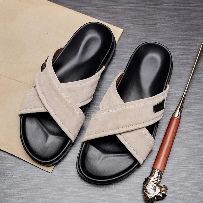 Voguhomme Rubber Sole Slip Resistant Slide Slippers Men's Khaki-2