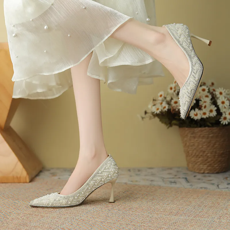 Beijiani Slim Heel High Heels 7cm Women's Apricot-3