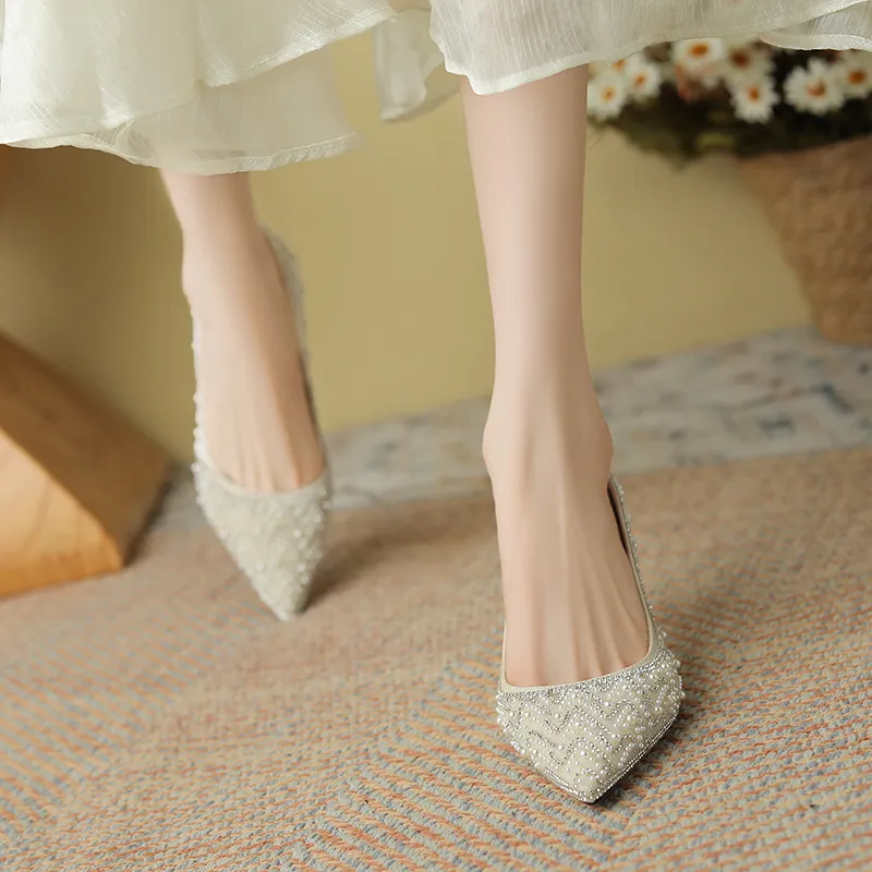Beijiani Slim Heel High Heels 7cm Women's Apricot-4