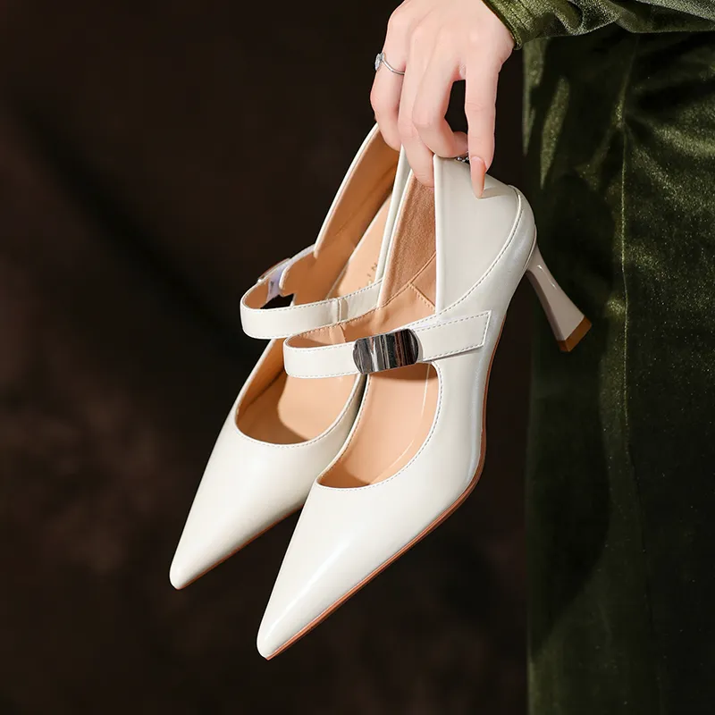 Beijiani Slim Heel High Heels Women's Ecru-2