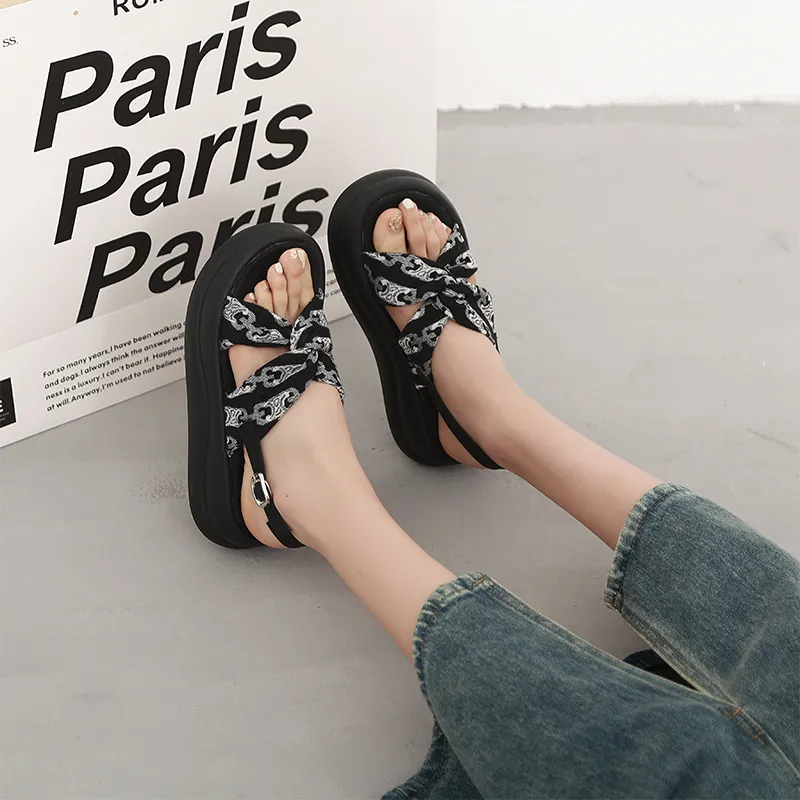 SHUXI Strap Sandals 4.5cm Women's Black Blue-6
