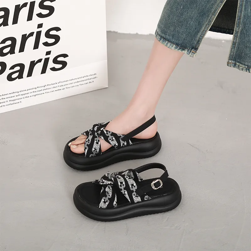 SHUXI Strap Sandals 4.5cm Women's Black Blue-5