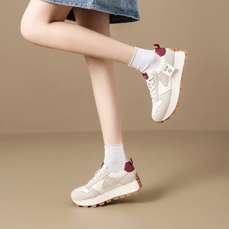 ZHR Wear-Resistant Breathable Lightweight Height Increasing Low-Top Casual Shoes Women's Beige Gray-5