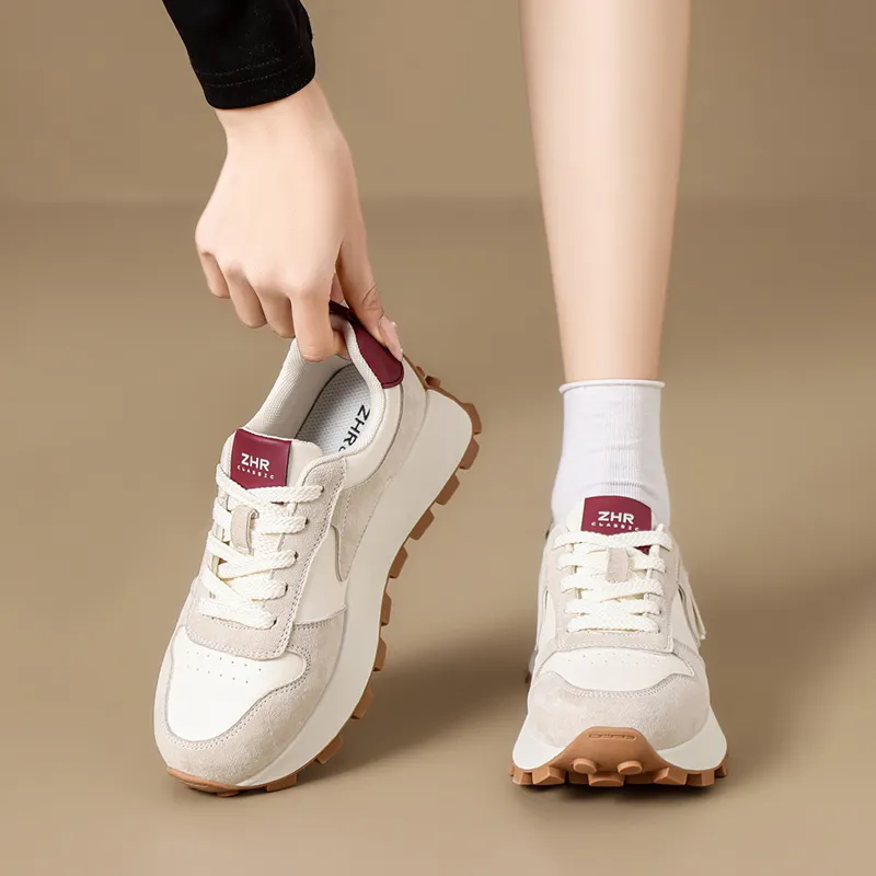 ZHR Wear-Resistant Breathable Lightweight Height Increasing Low-Top Casual Shoes Women's Beige Gray-2