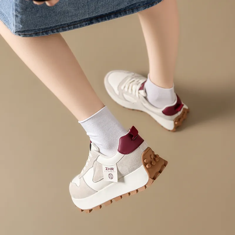 ZHR Wear-Resistant Breathable Lightweight Height Increasing Low-Top Casual Shoes Women's Beige Gray-3