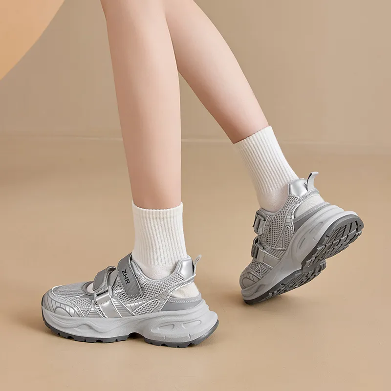 ZHR Xingji Silver Abrasion Resistant Breathable Low Top Chunky Sneakers Women's Silver Gray-2