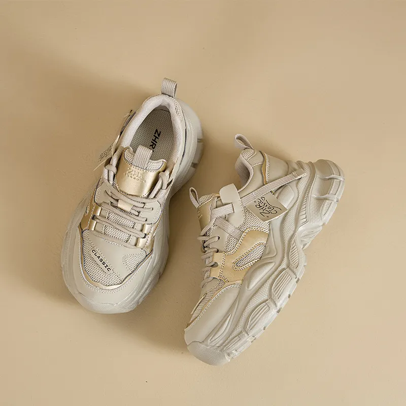 ZHR Gold Arrival Abrasion Resistant Low Top Chunky Sneakers Women's Gray Gold-4