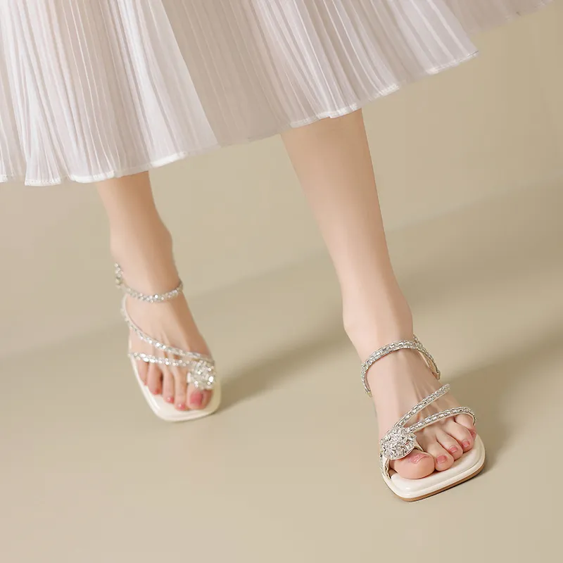 ZHR Rhinestone Quiet Slide Slippers Women's Beige-5