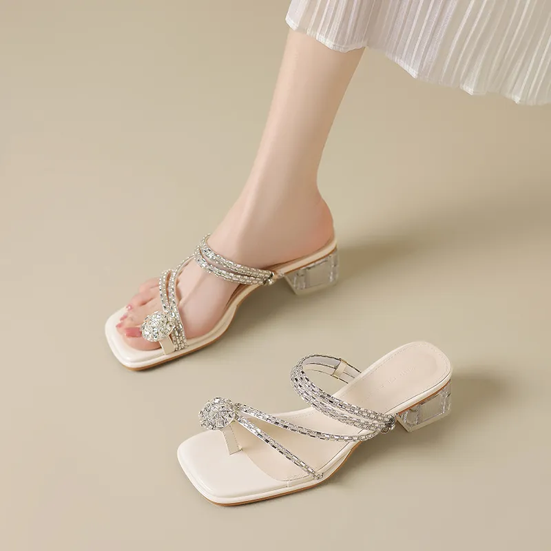 ZHR Rhinestone Quiet Slide Slippers Women's Beige-4
