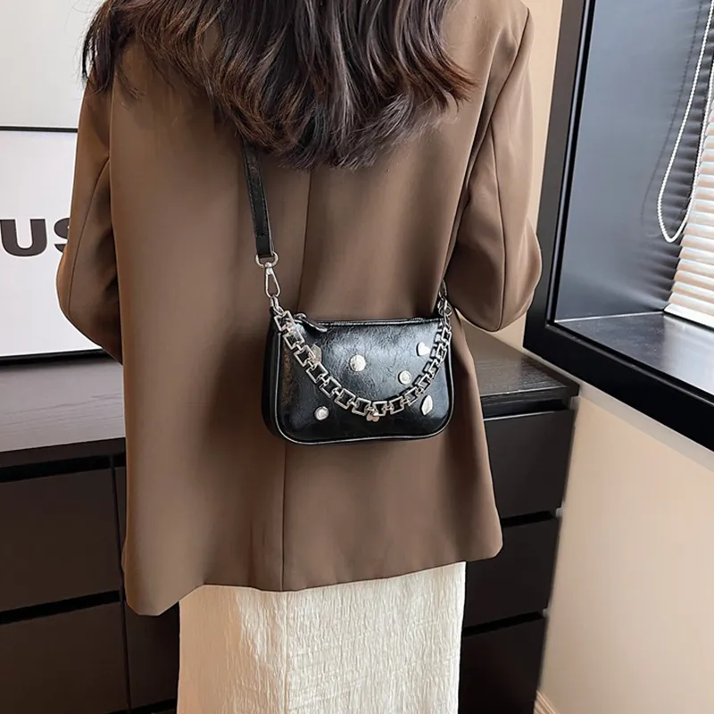 Jade En Plus Premium PU Handbag, Shoulder Bag, Crossbody Bag Regular Women's Black/White/Silver-4