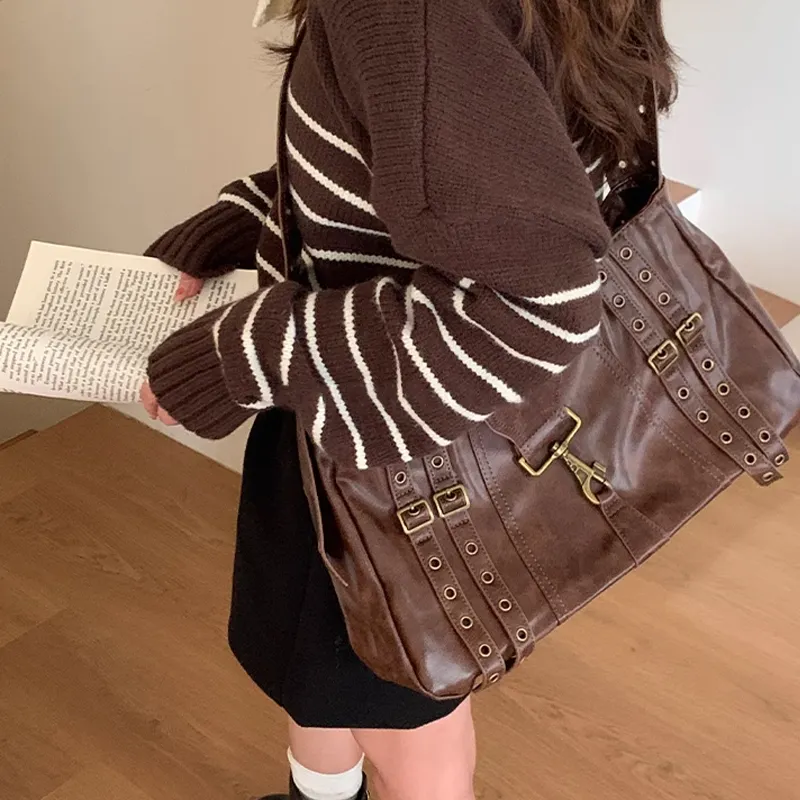 Jade En Plus PU Shoulder Bag Regular Large Size Women's Brown/Black-7