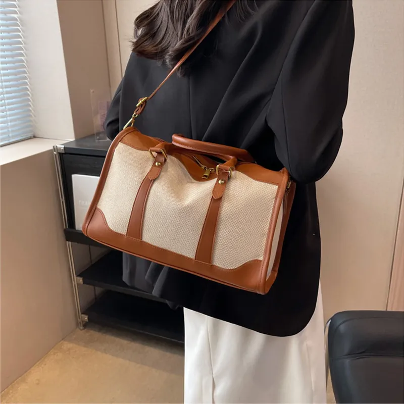 Jade En Plus Canvas Portable Crossbody Travel Bag Unisex Black/Brown-19