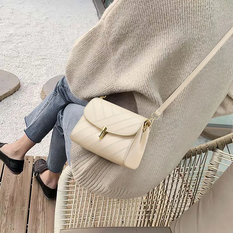 C°BANNER Cow Leather Small Square Bag Shoulder Bag, Crossbody Bag Medium Size Women's Ecru-1