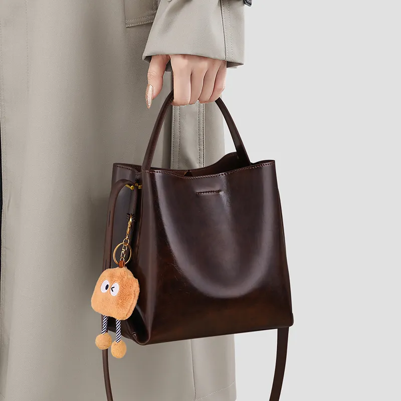 C°BANNER Cow Leather One Shoulder Crossbody Bucket Bag, Handbag Tubas Women's Wine Coffee-4