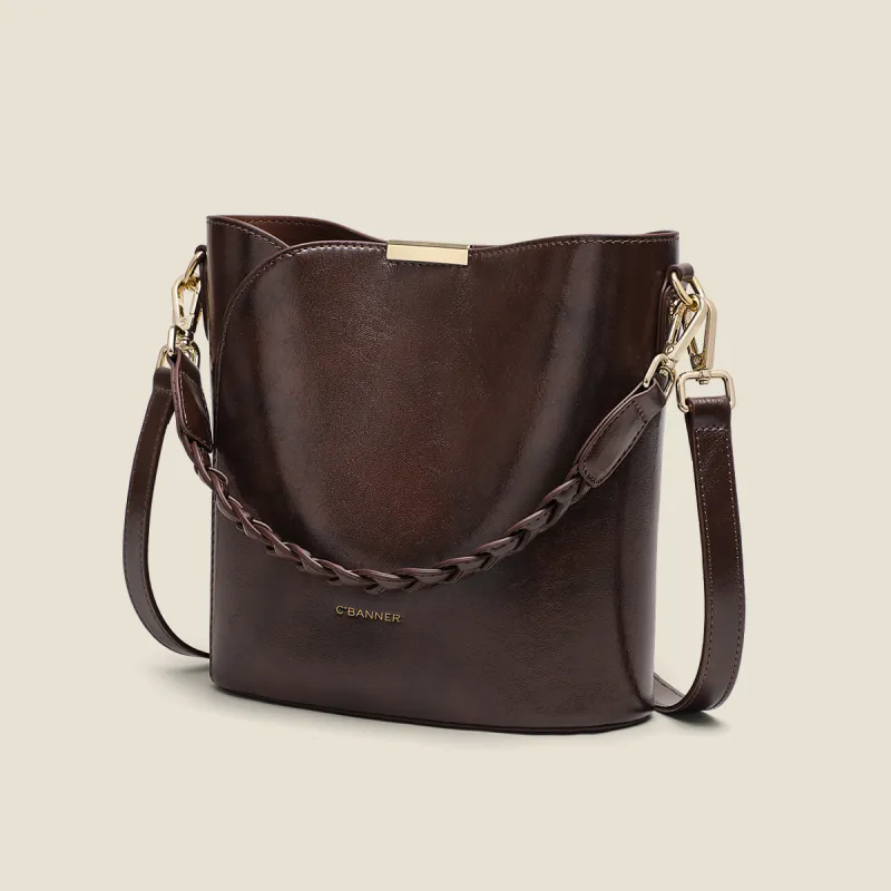 C°BANNER Cow Leather Shoulder Bag, Crossbody Bag, Bucket Bag Medium Size Women's Coffee-1