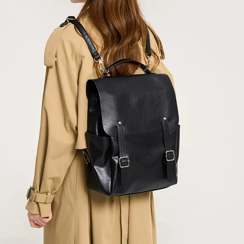 Pivsnu Synthetic Leather Backpack Women's Black/Coffee-3