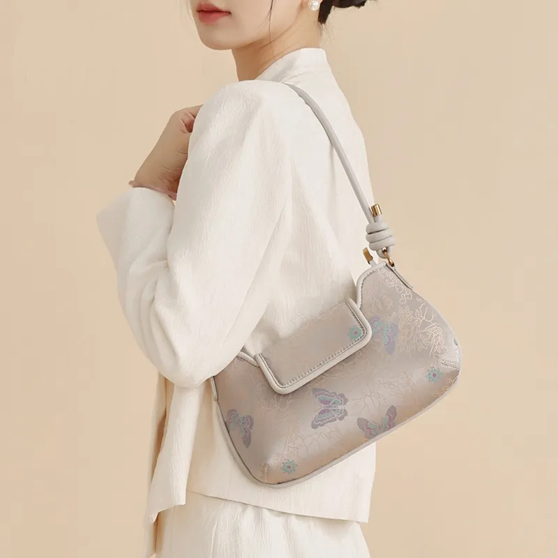 Pivsnu Song Brocade Genuine Silk With Cow Leather Shoulder Bag Women's Gray-1