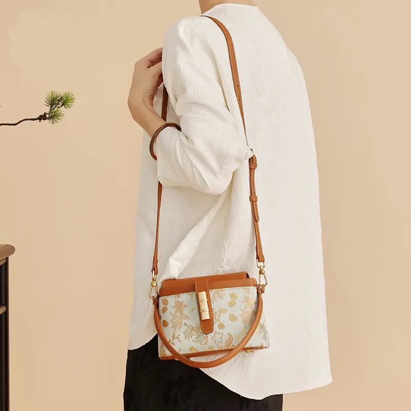 Pivsnu Silk Shoulder Bag, Crossbody Bag, Handbag Regular Women's Brown Koi Seaweed-1