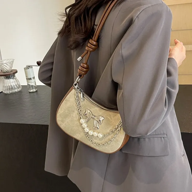 PULUWIRR PU Shoulder Bag Regular Women's Denim Blue/Dark Tea/Ecru-20