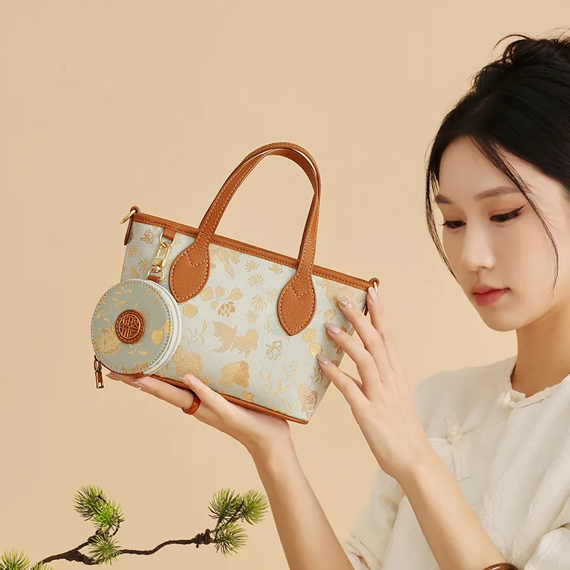 Pivsnu Silk Embroidery Middle Aged Mom Bag, Tote, Crossbody, One Shoulder, Handbag Women's Brown-1