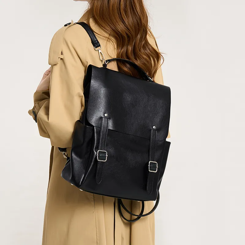 Pivsnu Synthetic Leather Backpack Women's Black/Coffee-1