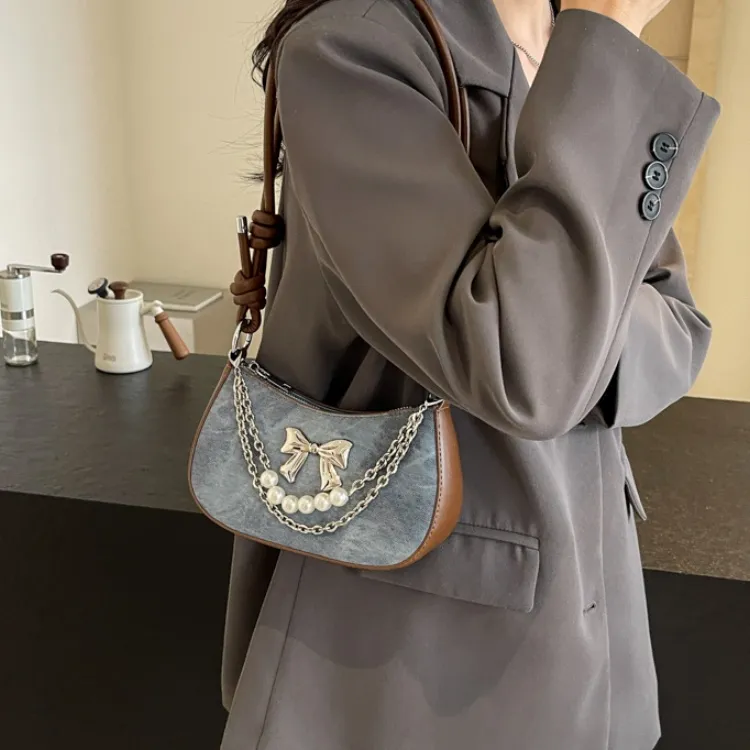 PULUWIRR PU Shoulder Bag Regular Women's Denim Blue/Dark Tea/Ecru-6