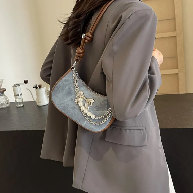 PULUWIRR PU Shoulder Bag Regular Women's Denim Blue/Dark Tea/Ecru-5