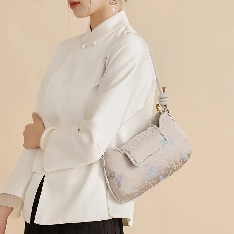 Pivsnu Song Brocade Genuine Silk With Cow Leather Shoulder Bag Women's Gray-2