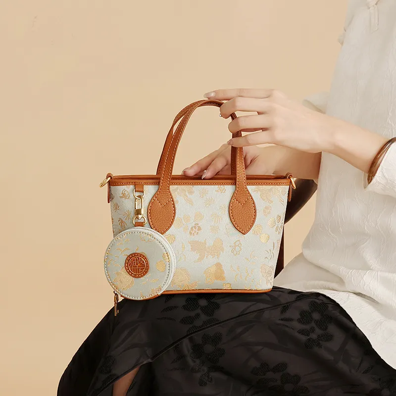 Pivsnu Silk Embroidery Middle Aged Mom Bag, Tote, Crossbody, One Shoulder, Handbag Women's Brown-3