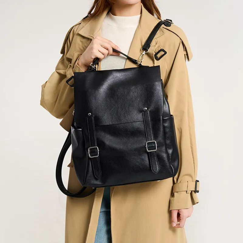 Pivsnu Synthetic Leather Backpack Women's Black/Coffee-2