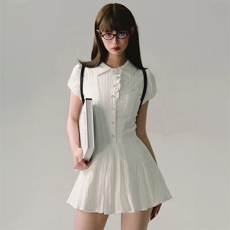 Vine Color Short Sleeved Dress Women's White-4
