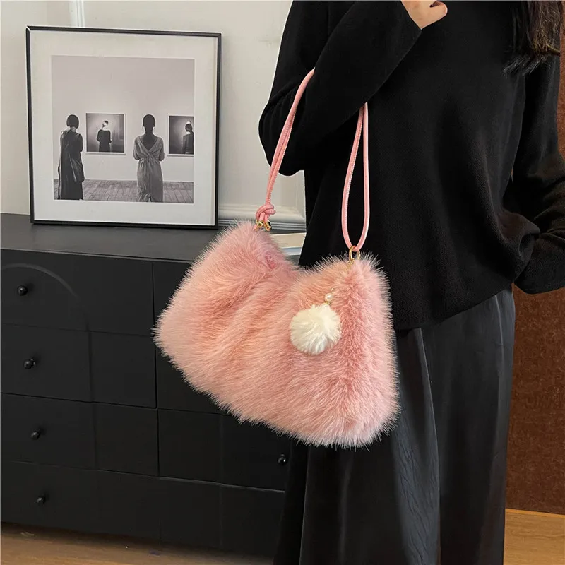 KARUISHA Plush Handbag Shoulder Bag Women's Coffee/Black/White/Blue/Pink-19